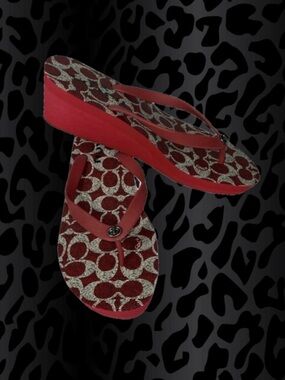 Coach Vintage Linley Signature Thong Wedge Flip Flops in Deep Red